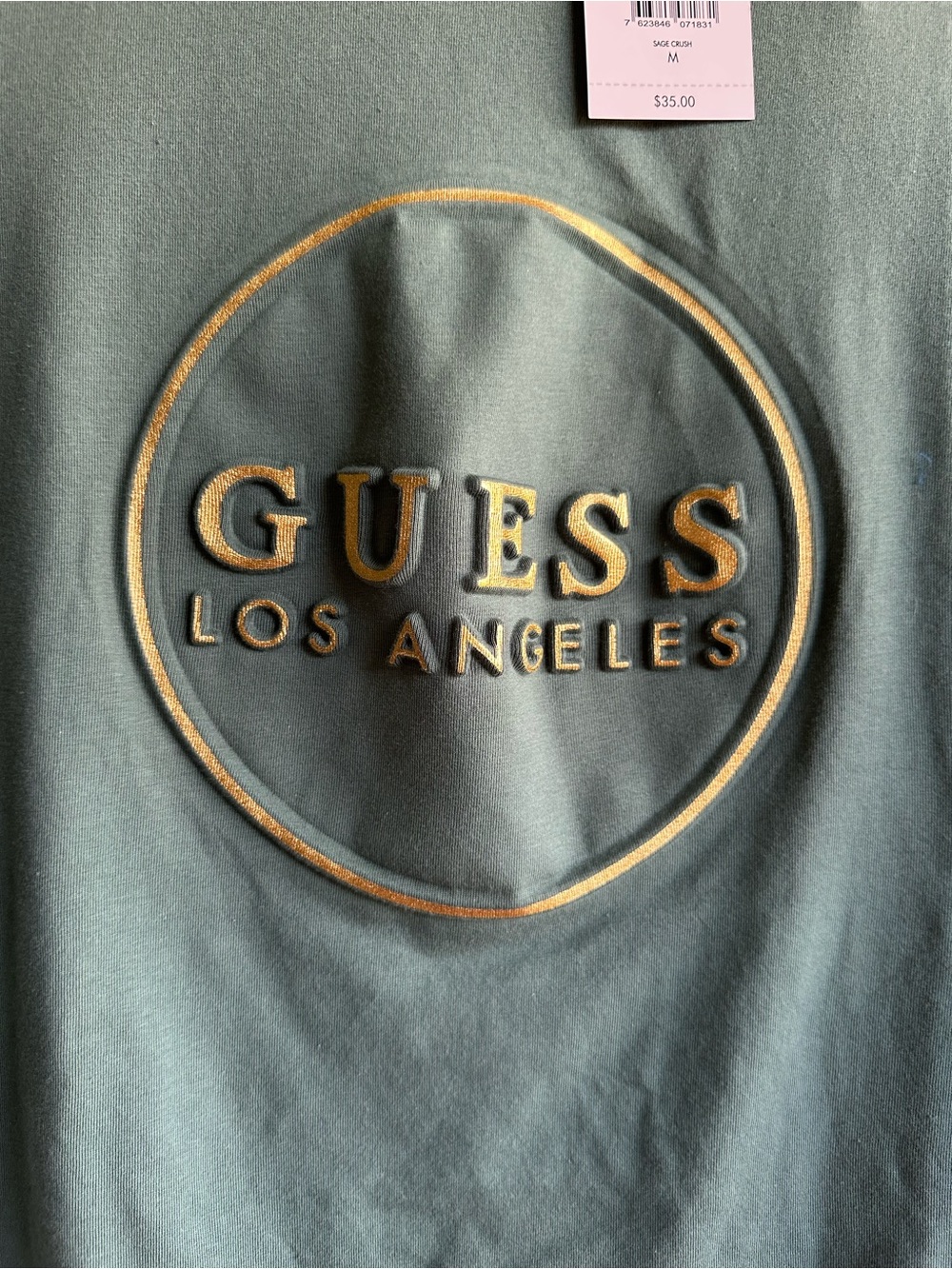 GUESS Women's Short Sleeve Logo Tee — Green with Gold Print - Picture 3 of 5